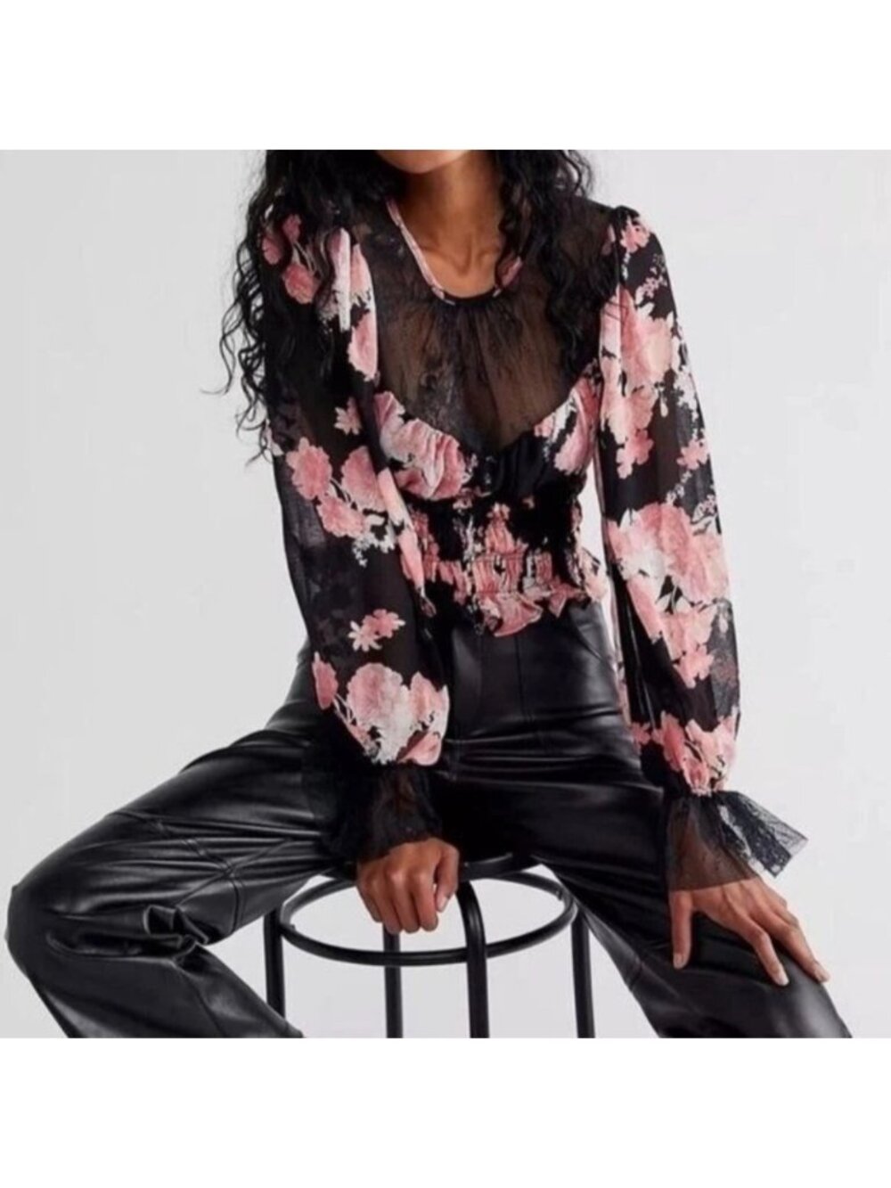 FREE PEOPLE Daphne Long Sleeve Smocked Floral Blouse Midnight Combo Boho
